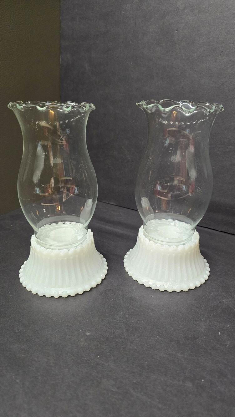Milk Glass Hurricane Candlestick Holders Set Of 2 White Beaded Base Vintage Pair